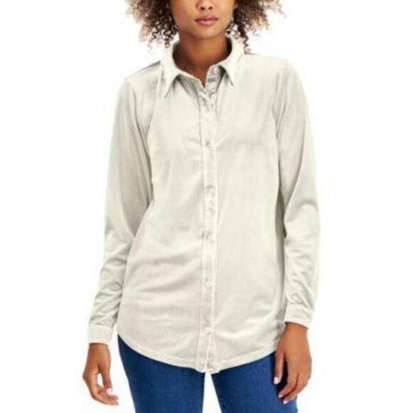 Charter Club Petite Velour Collared Button-Down Shirt Cloud PM - Picture 1 of 1